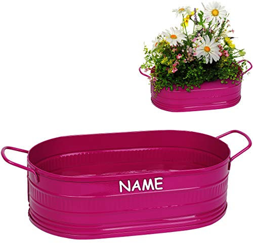 alles-meine.de GmbH Blumentopf/Pflanzkübel/Pflanzschale - Metall - pink/Purpur/violett/rosa - lila - OVAL - inkl. Name - frostsicher - 28 cm - MITTEL groß - mit Henkel ..