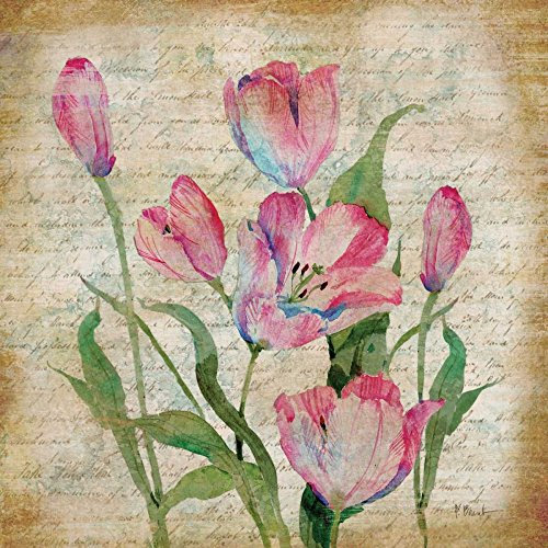 STAMPA-SU-TELA-INCORNICIATA-Brent-Paul-Cm_56_X_56-Poetic-Garden-II-crema-tan-rosa-fiore-fiori-verde-floreale-tulipani-tulipano-Quadro-su-tela-con-cornice-a-cassetta-americana-Canvas-incornic