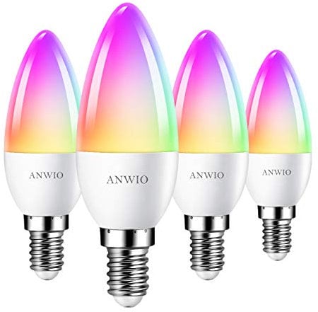ANWIO E14 Smart Bulb, Alexa Light WiFi LED Candle Bulbs,E14 Smart Candle Bulb,470Lm, 5W Replace 40 Watt, Compatible with Alexa,Google Assistant,Remote Control Bulb (4 Pack,Supports 2.4g WiFi)