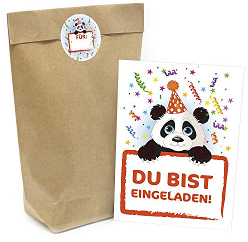 Kindergeburtstag Einladung Set mit je 8 Einladungskarten, Umschlägen, Tüten und Aufkleber - Motiv Panda