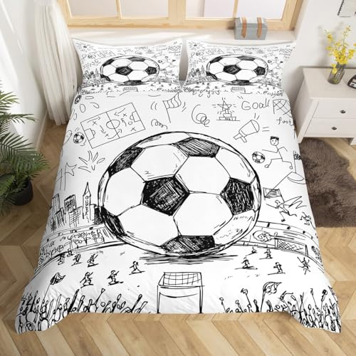 Erosebridal Football Comforter Cover, Hand Drawn Sketch Soccer Flag Network Team Sports Duvet Cover for Boys Teens Men, Decorative 3 Piece Bedding Set with 2 Pillow Shams, Full Size, White Black