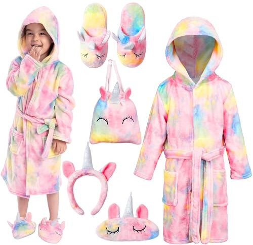 JOYIN Einhorn Bademantel Kinder mit Kapuze Nachtwäsche mit Augenbinde, Tasche, Hausschuhe und Stirnband, S