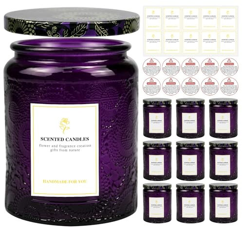 Creahaus Lot de 9 pots à bougies en relief de 250 ml pour la fabrication de bougies, récipients vides en verre avec couvercles en étain et étiquette autocollante, étiquette d'avertissement pour la