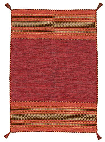 carpetfine Flachgewebeteppich Kelim Azizi Rot 200x290 cm | Moderner Teppich für Wohn- und Schlafzimmer
