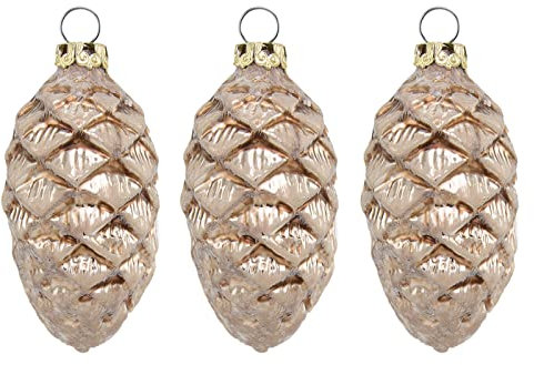 Thüringer Glasdesign Christbaumschmuck Tannenzapfen Braun mit Glitterdeko, 3 Stück/Set, ca. 6 cm, Weihnachtsdeko
