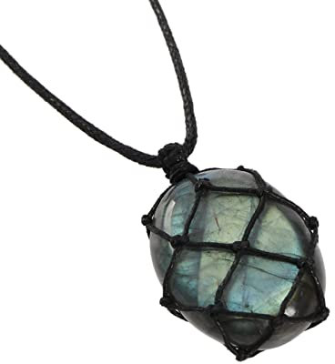 ECSiNG Collier Pendentif en Cristal de Palmier Labradorite Naturel avec Ajustement Corde de Cire Tissée à la Main Pierre Clair de Lune Bijoux de Charme de Pierres Précieuses Rétro