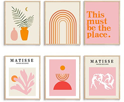 XBYGIMI Matisse Wandkunst und Boho-Wanddrucke, ungerahmt, minimalistische, ästhetische Bilder, Dekoration, rosa Druck-Set, orangefarbene Poster für Zimmer, 20,3 x 25,4 cm, 6 Stück