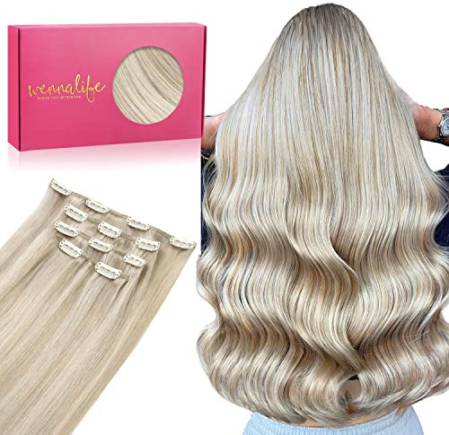 WENNALIFE Extensiones de Clip de Pelo Natural, 50cm 80g 5 Piezas Rubio Ceniza Iluminado a Rubio Platino Extensiones de Clip Natural Remy Cabello Humano Extensiones Pelo Natural Extensiones de Clip