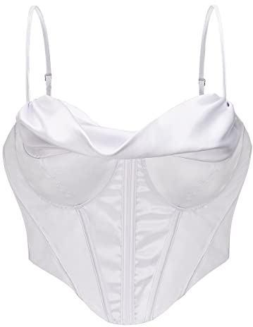 Bslingerie® Womens Satin Ruffled Party Wear Outfit Crop Top Bustier Shapewear (XXL, White)