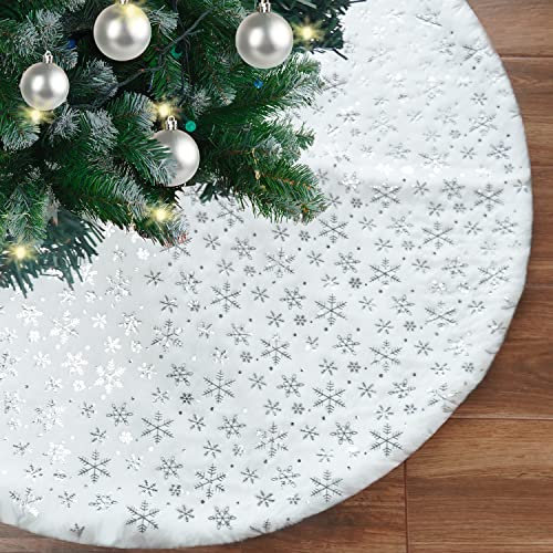Ywlake Christmas Tree Skirt 36 Inch White Plush Xmas Tree Skirt Base Floor Mat Cover XMAS Party Decor Silver Snowflake Tree Skirt for Christmas New Year Party Holiday Decorations (90cm)