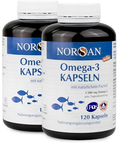 NORSAN Premium Total Omega 3 Kapseln hochdosiert 2er Pack (2x 120 Stück) - 1.500mg Omega 3 pro Portion-Omega Kapseln mit 707mg EPA & 368mg DHA-Fischöl aus nachhaltigem Wildfang
