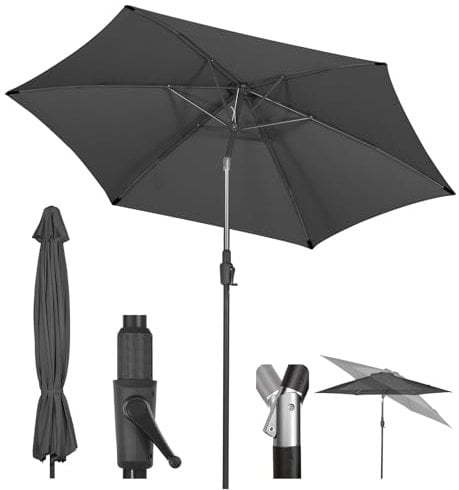 Sekey® 270cm Sonnenschirm mit Kurbel und Auto Kippen, Marktschirm für Terrasse,Balkon & Garten, Windfest Stabil UPF 50+,Grau,Rund