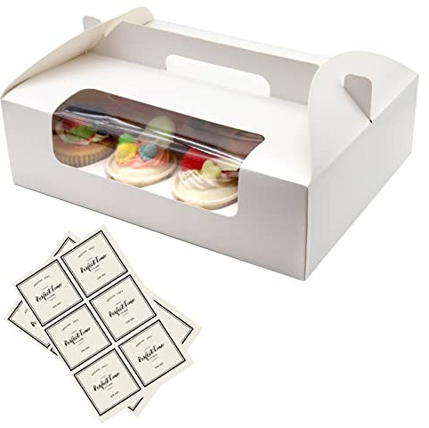 PHULWEL 10 Pack Cupcake Boxen, weiße Cupcake Träger Muffin Boxen Karton, Bäckerei Boxen mit Einsätzen, Griff und PVC-Fenster Passt 12 Hohlraum Cupcake Gebäck, 2 Blätter Klebeetiketten