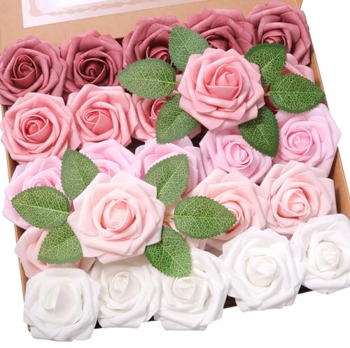 Jdsour Künstliche Rosen, echt aussehende Schaumstoffrosen mit Stiel für selbstgemachte Brautstrauß, Tafelaufsätze, Party, Babyparty, Heimdekoration, Schattierungen von Altrosa, 25 Stück