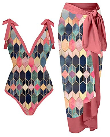 Maillot De Bain + Sarong/paréo Femme 2 pièces Vintage Taille Haute Maillots De Bain Contrôle du Ventre Ensemble De Maillots De Bain à Bretelles à Nouer Robes De Plage D'été Boho