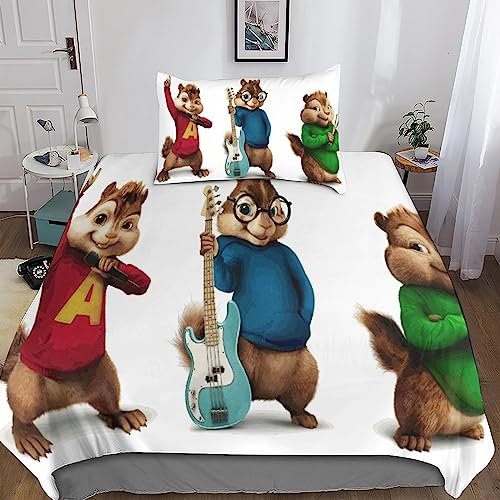 SUCREVEN Alvin Chipmunks Bettwäsche 3D Cartoon Bettbezug Mikrofaser Bettwäsche-Sets,Bettbezüge Mit Reißverschluss Und Kissenbezüge 2 Teilig Sets Single(135x200cm)