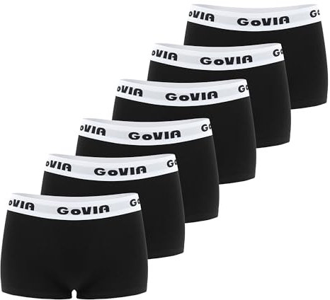 GOVIA Damen Boxershorts Baumwolle mit Flexibel Sportlicher Bund Unterwäsche für Frauen Unterhosen 6er Pack Schwarz M