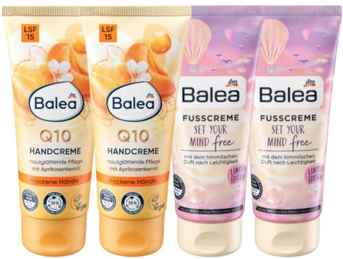 Balea 4er-Set Hautpflege: Handcreme Q10 hautglättende Intensivpflege mit Aprikosenkernöl für trockene Hände LSF 15 (2 x 100 ml) + Fußcreme SET YOUR MIND FREE extra Feuchtigkeit (2 x 100 ml), 400 ml