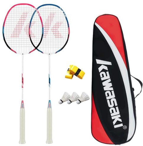 Kawasaki Badmintonschläger Professioneller Graphit Badminton 2er Set Leichter Schläger für Sport, Training & Unterhaltung mit 3 Badminton-Federbällen/2 Overgrips/1 Tragetasche (KD-3 RED BLUE)