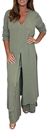 Générique 2024 - Set di due pezzi in chiffon alla moda casual da donna Tuta Harem, verde, 5XL