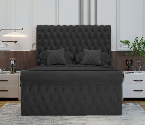 Steel Grey Plush Velvet Ottoman Bed Frame & Chesterfield Scroll Headboard | Sleigh Bed with Ottoman storage (Black, 6FT Super King Size)