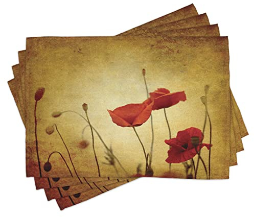ABAKUHAUS Mohn Platzmatten 8 Stück, Mohn Blumen und Blütenknospen auf Melancholisch Grunge Hintergrund, Waschbare Stoff Esszimmer Küche Tischdekorations Digitaldruck, Rot Beige