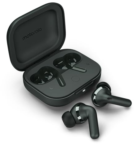 Motorola Moto Buds+ Headphones with Sound by Bose, Dual Dynamic Drivers and Optimal Resolution Sound, Dolby Head Tracking and Dolby Atmos, Dynamic Active Noise Cancellation - Black