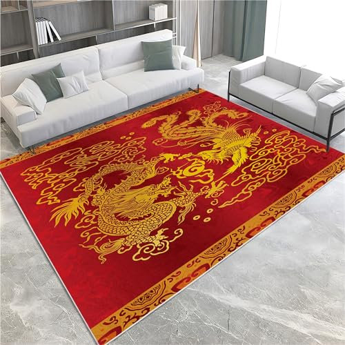 Teppich 80 x 150cm Goldenes Muster des chinesischen Drachen Kinder Teppich Dekoration Schlafzimmer Kinderzimmer Wohnzimmer, Modern rutschfest Waschbar Flanell Kinderteppiche Heimdekoration