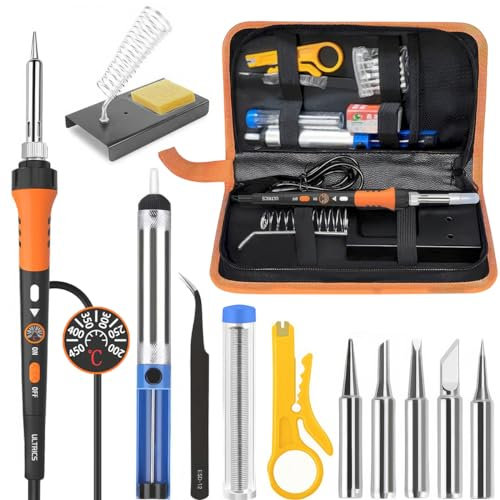 Soldering Iron Kit Electric, Soldering Kit Set with Premium Case, Adjustable Temperature, Welding Tool, 5 Soldering Iron Tips, Soldering Flux, Soldering Wire, Desoldering Gun, Soldering Station