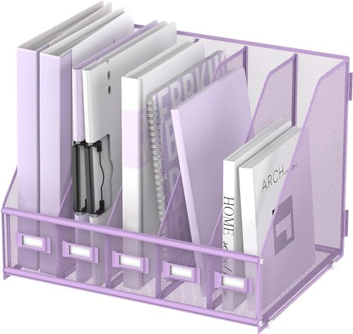 SUPTIDY Schreibtisch-Organizer aus Metall, Zeitschriftenhalter mit 5 vertikalen Fächern, Organizer für Büro, Schreibtisch, Heimarbeitsplatz, Lila
