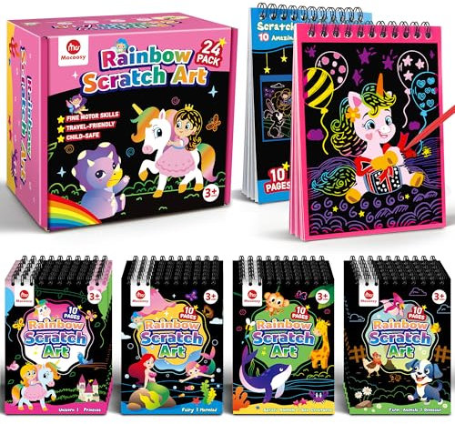 Mocoosy 24 Scratch Art Partymitgebsel für Kinder, 8 Themen Kratznotizbuch Kratzbilder Scratch Paper, Partytütenfüller Partygeschenke für Kindergeburtstag Preis Spielzeug Geschenk für Kinder 3-8 Jahre