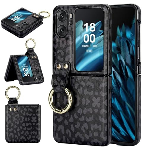 for Oppo Find N2 Flip Phone Case, Slim Leopard Pattern with Ring Holder,Lightweight Anti-Drop Shell - Enhanced Protection Cover Woman Girl (Black)