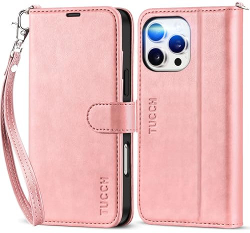 TUCCH Case for iPhone 16 Pro Max (6.9) 2024 5G, Magnetic PU Leather Wallet Case with Wrist Strap, RFID Blocking, Card Holders, Shockproof TPU, Protective Stand Folding Folio Flip Cover, Rose Gold