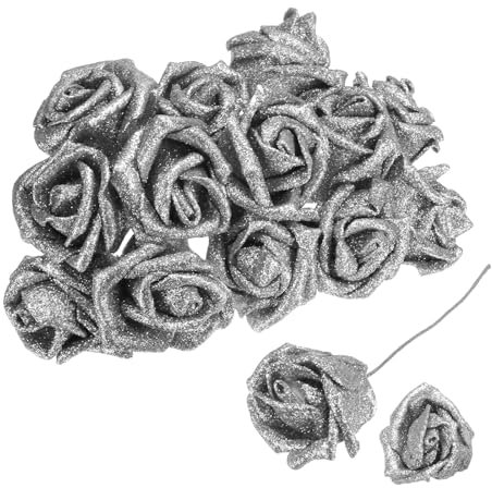 sourcing map 50pcs Glitters Roses Artificial Flower, Fake Roses with Stems Foam Real Touch Faux Roses for Wedding Party Office Shower Home Decoration, Silver