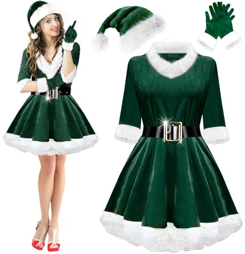 Mukum Mrs. Claus Kostüme für Damen, Weihnachtsmann-Kostüm, Samt, Nikolaus-Kostüm, Mütze, Handschuhe für Weihnachtsfeier, 4 Stück, Grün, M