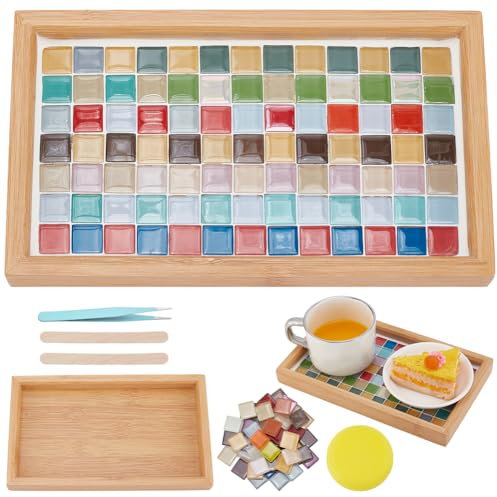 WEBEEDY DIY Mosaikfliesen Tablett Set Mosaik Bastelset Glas Mosaikfliesen Stücke Mit Bambus Tablett Anleitung 22x13cm Mosaik Untersetzer Für Anfänger Für Erwachsene Desktop Sommerparty