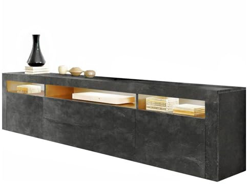 Vladon Lowboard Denver, TV-Kommode mit 3 offene Fächer, 2 Schubladen und 2 Türen, Schiefer (166 x 49 x 35 cm)