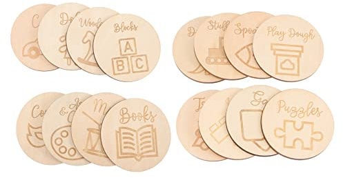 HAPINARY Toy Box Labels with Pictures 48 Pcs Wood Circle Ornament Toys Bin Nursery Drawer Dividers Round Preprinted Pantry Labels Tags for Storage Baskets Tags Toy for Labels for Organizing