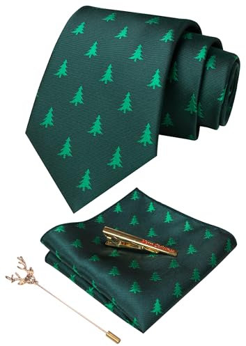 JEMYGINS Herren Weihnachts Krawatte Muster Woven Party Krawatte & Einstecktuch Set Grün Weihnachtsbaum