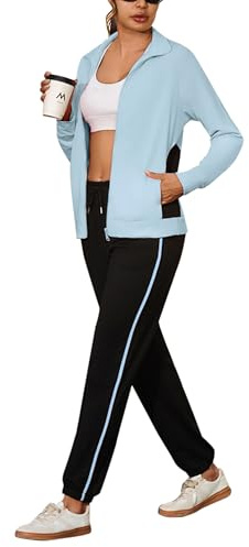 Uniexcosm Jogginganzug Damen Lang Trainingsanzug Zweiteiler Frauen Farbkontrast Sportanzug Fitness Freizeitanzug Reißverschluss Tracksuit & Sporthose Himmelblau XL