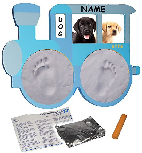 alles-meine.de GmbH 3-D Bastelset Pfotenabdruck - incl. Rahmen + Name - Lokomotive - blau - Katze und Hunde - Set Ton Abdruck - Aufstellen/Hinhängen - gießen Gipsformen Gips ..