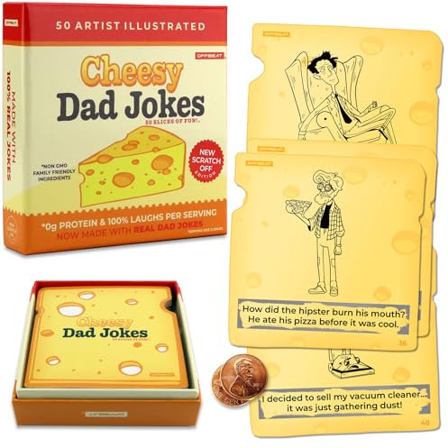 OFFBEAT Juego de 50 tarjetas de broma para rascar con queso para papá, chistes para niños y adultos, diversión familiar, es un gran regalo para chicos o rellenos de calcetines (edición para rascar)