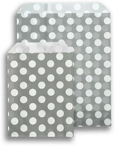 ezkart | 5x7 | Pack of 100 Assorted coloured striped paper bags Ideal for multiple occasions. Quality paper sweet bags (Grey Polka, 5x7-100 Bags)