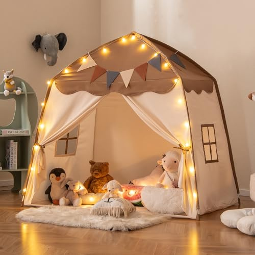 DREAMADE Tente de Jeu Enfant avec Lumière,Cabane Enfant avec Drapeaux Colorés,2 Fenêtres,Lavable en Machine,Maison de Tente Intérieure et Extérieure pour Filles Garçons 3-12Ans (Marron+Beige)