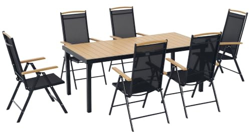 Outsunny Outdoor Gartenmöbel 6 Personen, Outdoor Gartentisch mit 6 Stühlen, Aluminiumrahmen, Tisch 190 cm, Stühle klappbar und neigbar, Terrassenmöbel, Terrasse, Patio, Naturholz