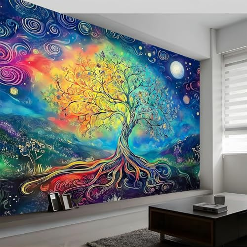 Papier Peint Panoramique Arbre de Vie Coloré, Poster Fresque Murale Ciel Lunaire, Poster Mural pour Salon, Chambre d’Enfants ou Restaurant, 400 x 280 cm (L x H) Décoration Fresque
