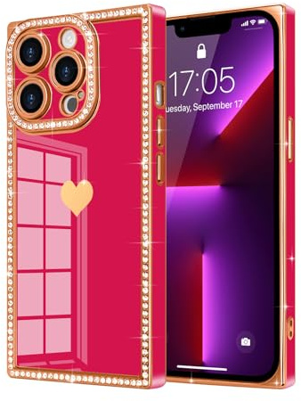 Urarssa for iphone 13 Pro Case Rectangle, with Glitter Diamonds, Hot pink | Bling Sparkly Case with Cute Heart Pattern for Women Girls, Full Camera Protection Glossy Soft TPU Bumper Shockproof Cover