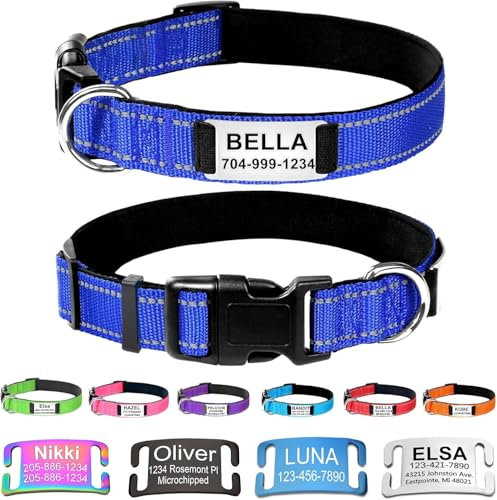 Custom Dog Collars with Name Plate, Engraved Name Plate ID Tags with Reflective Nylon Dog Collar,Soft Neoprene Padded Adjustable Pet Collar for Small Medium Large Dogs,M Blue