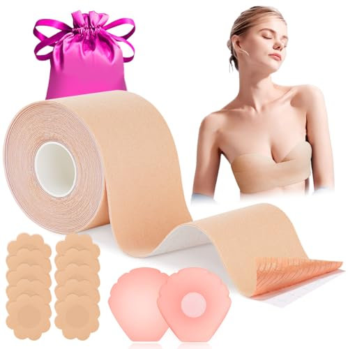 Korffe Brust Tape Klebe BH Push Up, Boob Tape Set für Klebe BH Große Brust Rückenfrei BH 2 Wiederverwendbare Unsichtbar Silikon Brüste Nippelpads Body Damen Tape für Körbchengrößen A-G