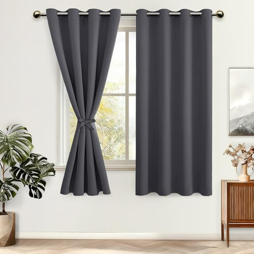 DWCN Verdunklungsvorhänge mit Ösen Vorhänge Blickdicht mit Raffhalter | Dunkelgrau, 145x140cm(HxB), 2 Stücke Thermogardine Blackout Curtain Verdunkelung Abdunkelnde Vorhänge Wohnzimmer